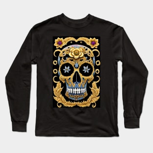 Gold and Blue Bohemian Skull Long Sleeve T-Shirt